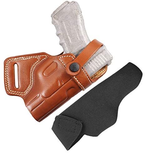YT HOBBY Real Handmade Leather Small of Back SOB Gun Holster with Retention Strap (Brown - Right Hand, for Glock 19/23/25/32/38)