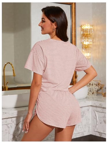 Image of OYOANGLE Womens Pajama Sets 2 Piece Sexy Lounge Sets Summer Cute Pjs Striped Print Tee and Side Split Shorts Set