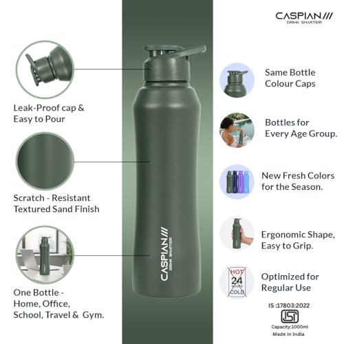 Image of Caspian Trek Customised Stainless Steel Water Bottle 1L, A Green with Logo Print - Personalised Water Bottle with Your Name Print for Kids Boys Girls School Office Gym- Perfect for Corporate Gifting