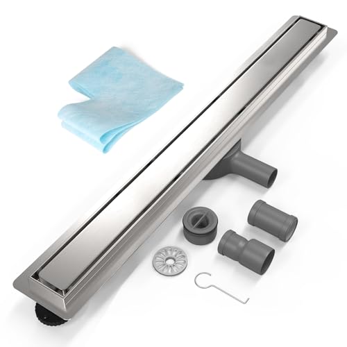 EFUTURETIME 80cm Caniveau de Douche INOX, Siphon de Sol Douche Italienne à Carreler avec Raccord DN50/DN40 Bonde Douche Extra Plate Siphon à 360° avec...