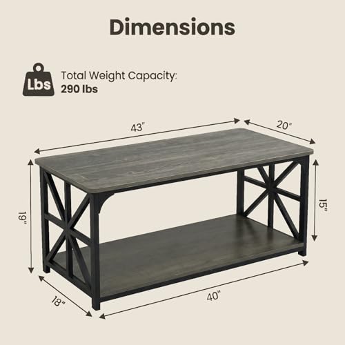 Image of GOFLAME 2-Tier Rectangular Coffee Table, Modern Center Table with Wooden Top, Metal Frame, X Shaped Side Pattern, Display Accent Tea Tables, Living Room Tables for Apartment (Gray Oak & Black)