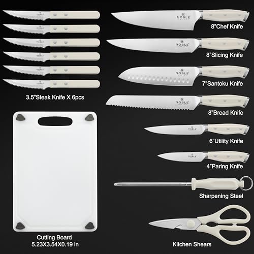 Image of N NOBLE FAMILY In-drawer Knife Block Set, 16PCS Kitchen Knife Set with Wooden Block, Chopping Knives Set, Stainless Steel Knife Block Set, Sharp Cooking Knife Set with Cutting Board, Rust Proof, White