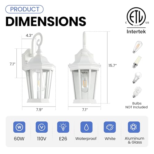 Image of Outdoor Wall Lantern, Waterproof Exterior Wall Light Fixtures, Outdoor Porch Light Fixtures Wall Mount in White Finish with Clear Glass, Aluminum Alloy, 60W