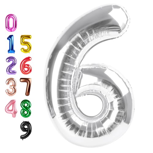 Image of Number Balloons 6 Balloon Silver for 6th Birthday Party Decoration, 40 inch | Saturated Color, Large 40 inch, With Straw & Hanging Hole, For Back-To-School Season, Anniversary, Christmas, New Year