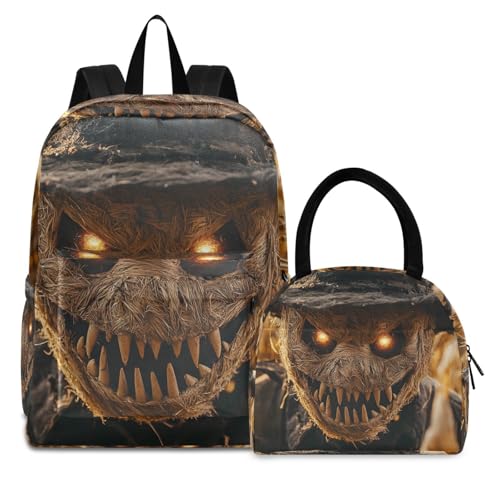 Backpack Lunch Box Set Large Capacity Travel Backpacks and Insulated Lunch Bag for Commute Hiking Picnic Evil Scarecrow Halloween Print