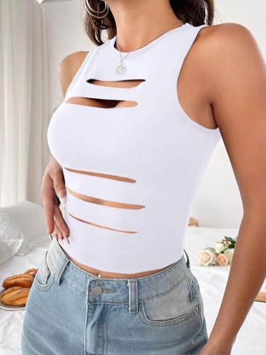 Image of LovelyWholesale Women Sexy Cut Out Crop Tank Tops Crew Neck Summer Sleeveless Top