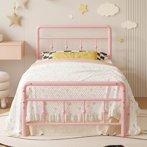 Richwanone 14 inch Twin Bed Frame with Headboard and Footboard, Heavy Duty Metal Bed Frame Victorian Style, No Box Spring Needed, Easy Assembly, Pink