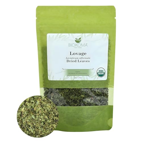 Biokoma Organic Lovage Dried Leaves 50g 1.76oz Pure Cut Herb Levisticum officinale USDA Organic Herbal Tea Digestion & Urinary Health Resealable Moisture Proof Pouch No Preservatives No GMO Kosher