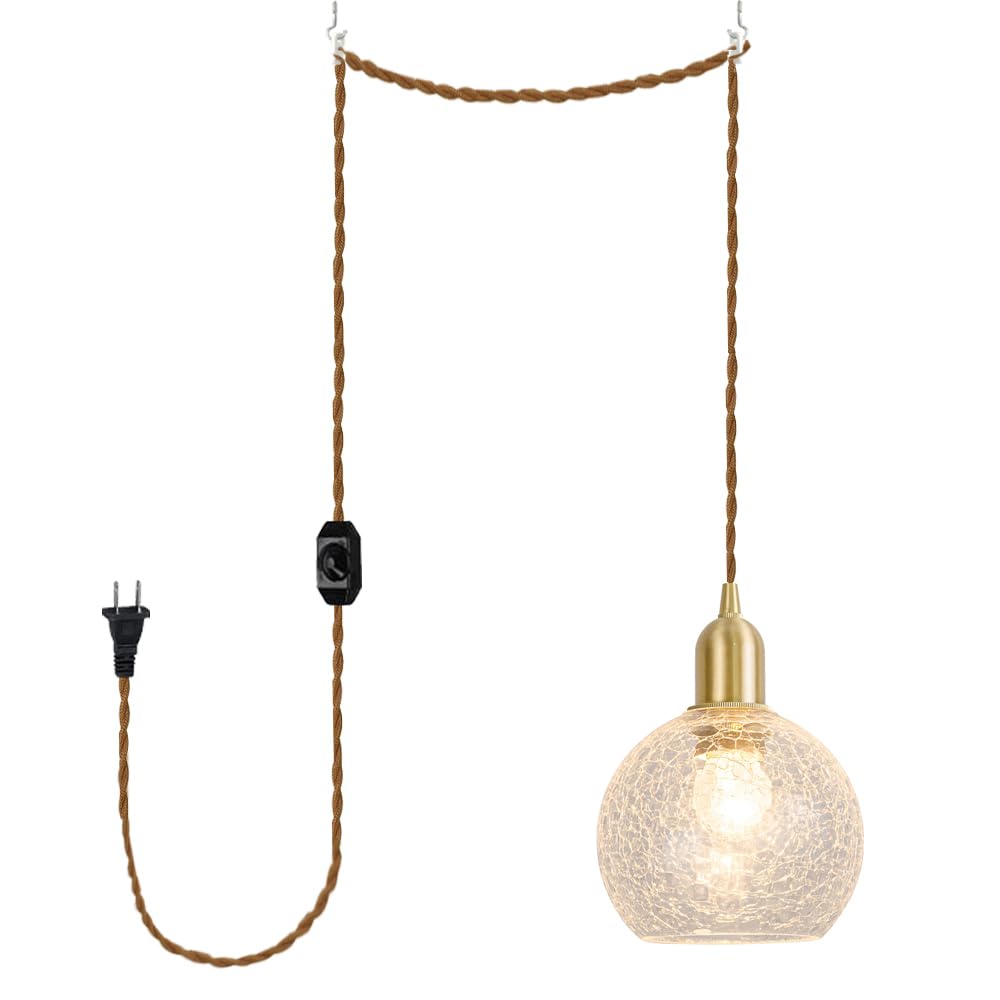 Dimmable Pendant Light Plug in Cord 15 Feet E26 Brass Base Crackled Glass Shade Modern Design Hanging Lamp for Kitchen Stairs Farmhouse(No Bulb)