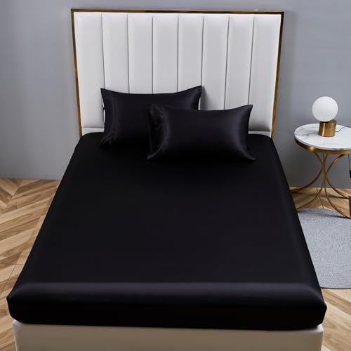 YASMENG Drap Housse 140x190 Satin Noir Uni Bonnet 30 cm Soyeux Brillant Luxe Soie Drap de lit en Satin de Soie Polyester Douce Lisse Respirant pour Matelas...