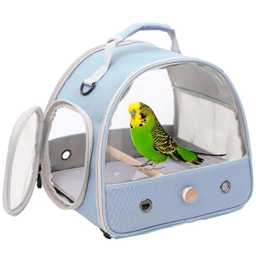 Image of Bird Carrier, Portable Small Bird Parrot Parakeet Carrier with Standing Perch and Stainless Steel Tray, Side Access Window Collapsible (Blue, Clear Windows)