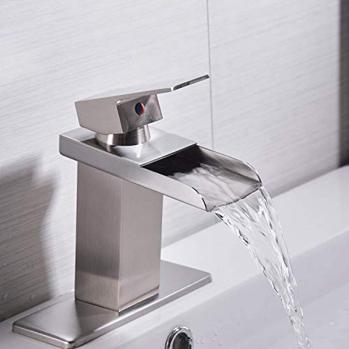 Homevacious Bathroom Faucet Brushed Nickel Waterfall Sink With Pop Up Drain Single Hole Vanity Satin Sink Lavatory One Handle Basin Mixer Tap With Overflow Supply Line