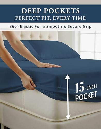 Image of LANE LINEN Full Bed Sheets 100% Egyptian Cotton Sateen - Estate Blue | Full Sheets - 4-Piece Set, For A Luxurious Night's Sleep, For Guests And Everyday Use, Long-Staple Egyptian Cotton