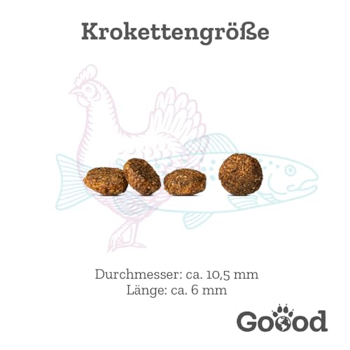 Goood Senior Freilandhuhn & nachhaltige Forelle – Trockenfutter, Hundefutter – hochwertige Proteine, wertvolles Vollkorn, für Gelenke und Immunsystem – für Hundesenioren – 10kg
