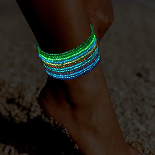 Kenivira 24Pcs Ankle Bracelets For Women Girls, Handmade Beaded Fluorescence Glow Light Up Bracelets Anklets For Women Teens,Wave Ocean Boho Colorful Beads Ankle Bracelets,Adjustable Foot Anklet #TOP3
