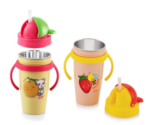 Image of Nabhya Inner Stainless Steel & Outer Plastic 360ml BPA-Free Cute Animal Design Baby Sipper Kids Water Bottle with Straw and Side Handle for Kids (Pink & Yellow - 2pc)