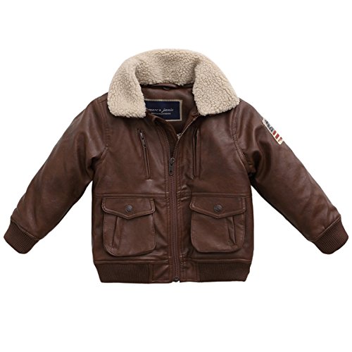 Image of marc janie Boys Girls' Leather Military Flight Bomber Aviator Jacket with Removable Faux Fur Collar