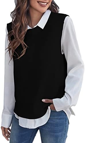 Verdusa Women's Casual Split Round Neck Sleeveless Pullover Top Sweater Vest Black M
