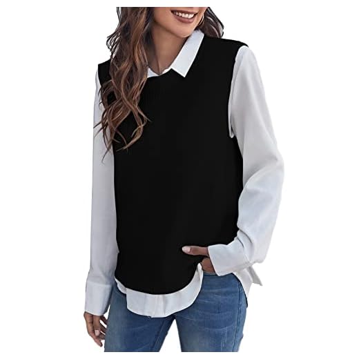 Verdusa Women's Casual Split Round Neck Sleeveless Pullover Top Sweater Vest Black S