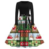 Vestido de terciopelo para mujer, vestido de Navidad, manga larga, cuello redondo, estampado, estilo vintage, corte de fiesta, patchwork, con cremallera, vestido blanco elegante, verde, XL