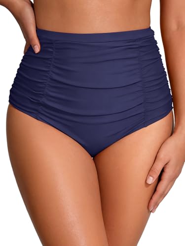 Women High Waisted Bikini Bottoms Tummy Control Ruched Swimsuit Bottoms for Women Full Coverage Bathing Suit Swim Bottom Navy Blue L