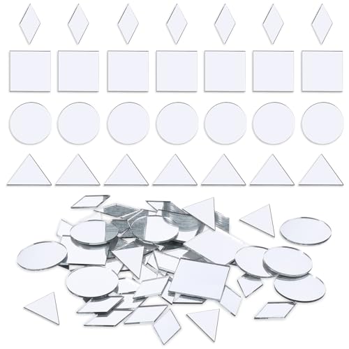 Prasacco 120 espejos pequeños para manualidades, 4 formas de espejo para manualidades, espejo redondo de diamante cuadrado para manualidades, azulejos de mosaico para decoración de marco de lámpara de