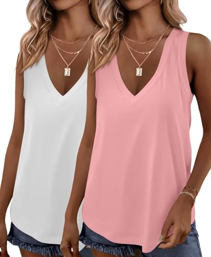 KKJ 2 Pack Womens Tank Tops Workout V Neck Tees Summer Sleeveless Loose Fit Casual Outfits Shirts Fall Fashion Clothes