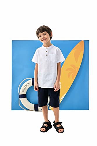 Arshiner Boys Linen Shirt Button Down Henley Short Sleeve Casual Dress Summer Beach T Shirts Top with One Pocket2