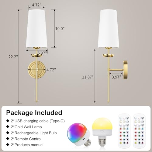 Image of Frideko Large Fabric Rechargeable Wall Sconces Set of Two with Remote, RGB 15 Color Dimmable Battery Operated Wall Light, Indoor Wireless Wall Lamp with 3 Timer, Modern Wall Lighting for Living Room