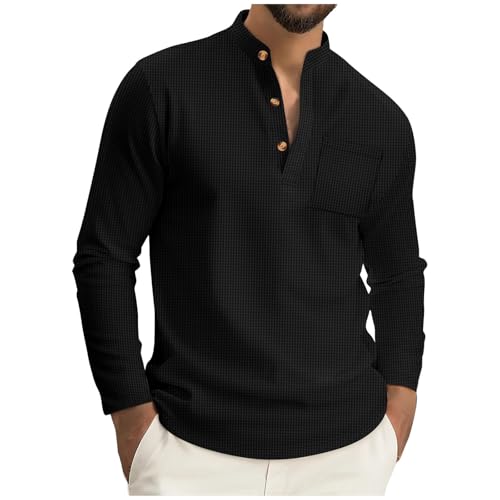 Mens Long Sleeve Button Down Henley Shirts Fashion Collar Waffle Fall Shirt Solid Color Casual Outfits Clothes 2025