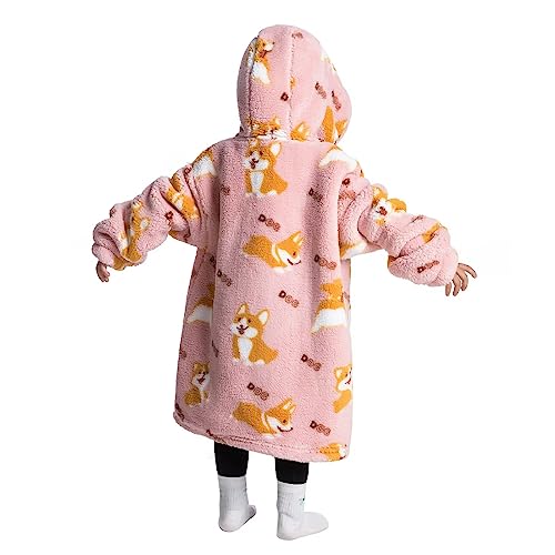 Moinlizy Wearable Blanket Toddler 2-6 Year, Cozy Oversize Blanket Hoodie Sweatshirt For Girl Boy Gift, Soft Warm Flannel Wearable Blanket Hoodie With Pocket, Pink Corgi #TOP1