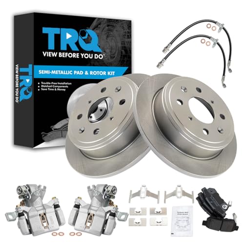 Image of TRQ Rear Brake Pad and Rotor Set Semi Metallic Rotors Calipers Hardware Hoses Compatible with 1994 Acura Integra