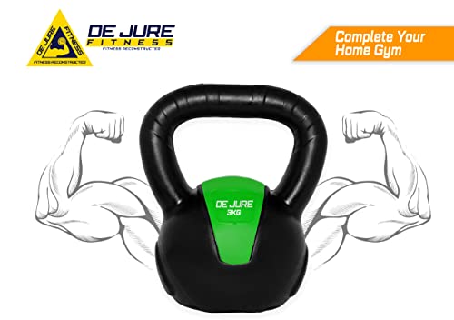 Image of De Jure Fitness PVC Kettlebell 3kg for Men & Women, Strength & Cardio Training, Soft Grip, Crushed Concrete Filled, Full Body Workout Equipment for Home & Gym (Green Black)
