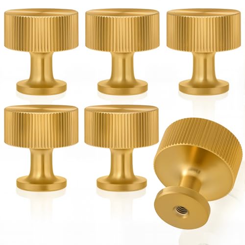 Comfylichi 6 Pack Brass Kitchen Cabinet Knobs for Closet Door, Brushed Gold Knobs for Dresser and Drawers, Modern Round Handle and Pulls Dia: 1.02 Inch（26mm