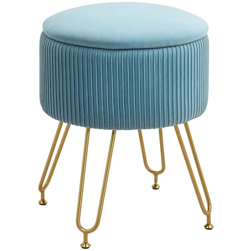 HOMCOM Baúl de Almacenaje para Dormitorio Puff Almacenaje Tapizado en Terciopelo Banco de Almacenaje con Patas de Acero para Pasillo Salón Ø40x48 cm Azul Claro