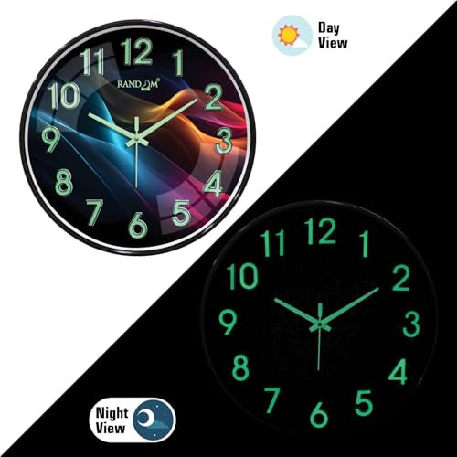Image of RANDOM Modern 12.75 INCH Wall Clock with 3D Radium Numbers, Silent Non-Ticking, Premium Black Frame, Ultra Clear Glass for Living Room, Home Office