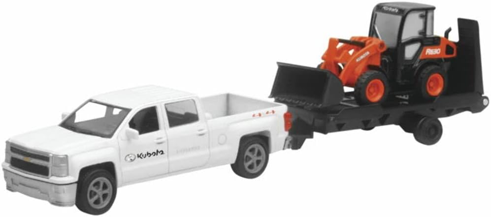 New Ray Toys New 10" NEWRAY KUBOTA Collection - Kubota R630 Tractor with Chevy Super Duty Pickup & Trailer (Orange, Black) Model