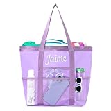 VRFASHION Custom Beach Bag with Embroidered Name,Personalized Mesh Tote Bag Pool Vacation Sandproof Foldable for Girls Women