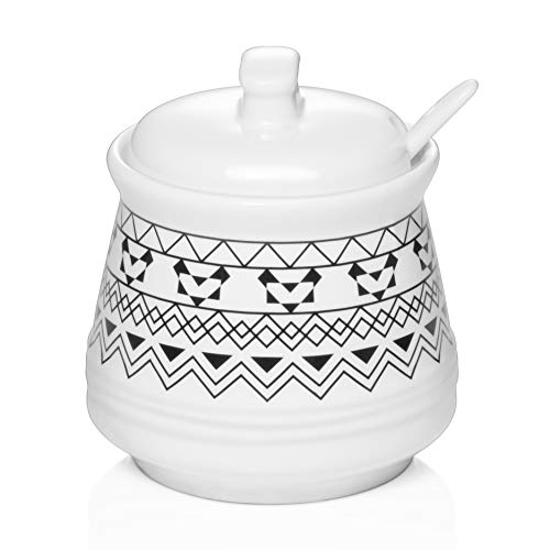DOWAN Porcelain Sugar Bowl, 12 Oz Ceramic Sugar Bowl with Lid and Spoon, Sugar Canister for Kitchen and Countertop, Perfect for Salt, Stevia, Powdered Cream, Bohemian White Sugar Jar, Dishwasher Safe
