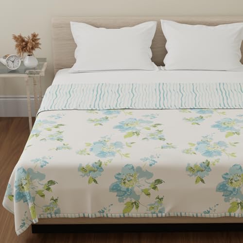Image of HUESLAND 100% Cotton Reversible Dohar Double Bed Cotton | Soft Cambric Weave, Lightweight AC Blanket Double Bed for Summer & All Weather Use | 86 x 94 inches, Floral Fusion