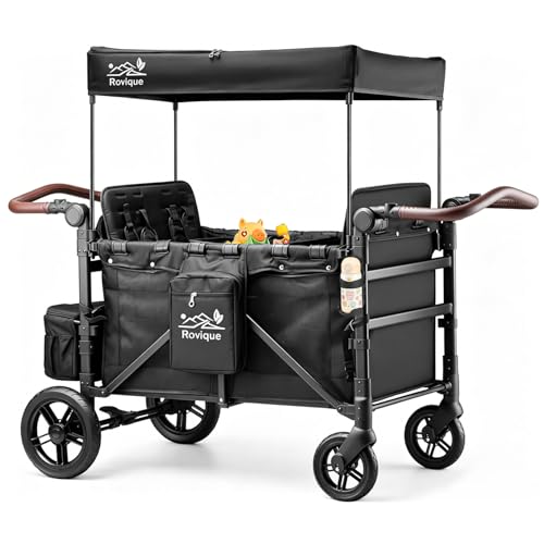 Image of Rovique 4 Seater Wagon Stroller – Deluxe Quad Wagon for 4 Kids with Snack Trays,All-Terrain Wheels,Push Handle, Canopy,Aluminum Frame – Gift for Baby Showers,New Parents,Birthdays