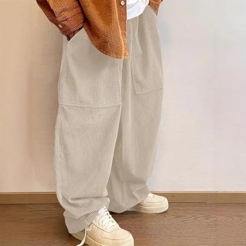 Men's Corduroy Straight Baggy Pants Long Solid Elastic Waist Casual Pant Loose Going Out Travel Trousers with Pockets2