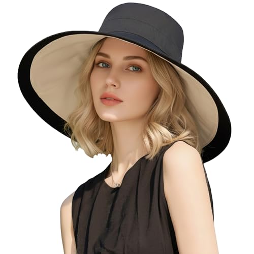Wide Brim Sun Hat for Women Reversible Beach Hats Metal Wired Edge Gardening Hats UPF 50+ Bucket Summer Hat Black Beige
