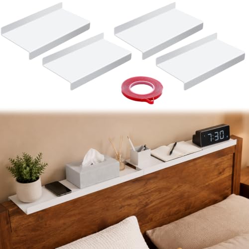 Hoteam 4 Pcs Headboard Shelf No-Screws Dorm Bed Shelf Self Adhesive White Dorm Headboard Storage with Acrylic Double Sided Tape Over Bed Organizer for Flat Top Headboards Home Bedroom Renter
