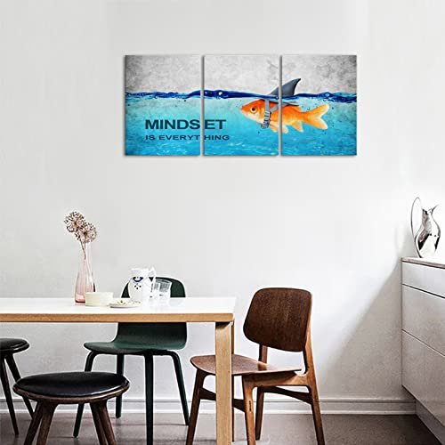 Kawahone 3 Panels Modern Framed Inspirational Quote Canvas Wall Art-Mindset Is Everything Goldfish Strong Shark Motivational Posters Framed, Bathroom Bedroom Office Decor Framed Ready To Hang(12" X 16" X 3 Pcs) #TOP4