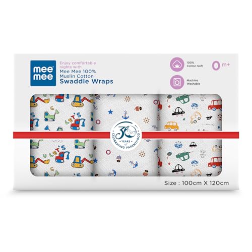 Image of Mee Mee 100% Muslin Cotton Baby Swaddle Wrappers Set (PK-3)| Baby Towel| Soft, Quick-Drying & Highly Absorbent Blanket | Printed Mulmul Swaddle Cloth,Newborn Essentials (Multicolour, 120x100 cm)