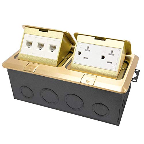 Enerlites Dual Pop-Up Floor Box Kit, 8.68" X 4.75" Cover, 20A Tamper-Weather Resistant Receptacle Outlets, Rj45 Data Ports, Watertight Gasket, Corrosive Resistant Hardware, 962301-C, Brass (662301-C-D) #TOP28