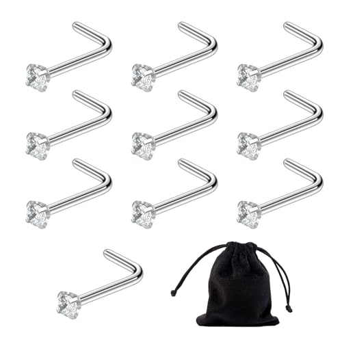 SLEEKEE 10 piercings de nariz de cristal transparente, 1 bolsa de terciopelo, tachuelas de nariz perforadas en plata de ley, pendientes microcristales, tachuelas nasales en forma de L, pendientes