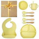 PUREFRESHNESS Baby Led Weaning Feeding Set 8 pcs, Infant Food Plates Bowl Kit, Self-Eating Utensils for Toddlers, Silicone Plate Bib Cup Forks Spoons (LIGHT YELLOW)