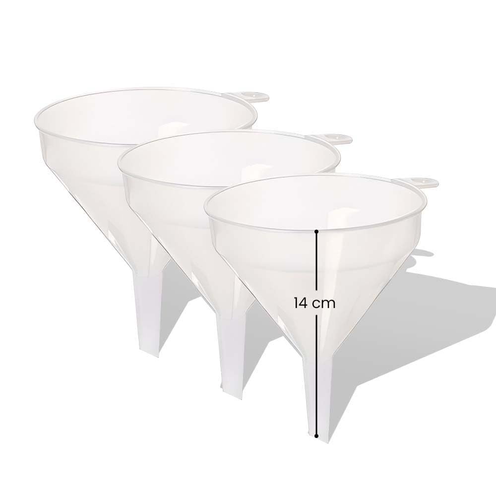 3Pcs Clear Plastic Funnel for Filling Bottles or Containers 14cm for Kitchen - Handle & Slimline Neck for Transfer powder Liquid and Oils ideal for Garage & Labs